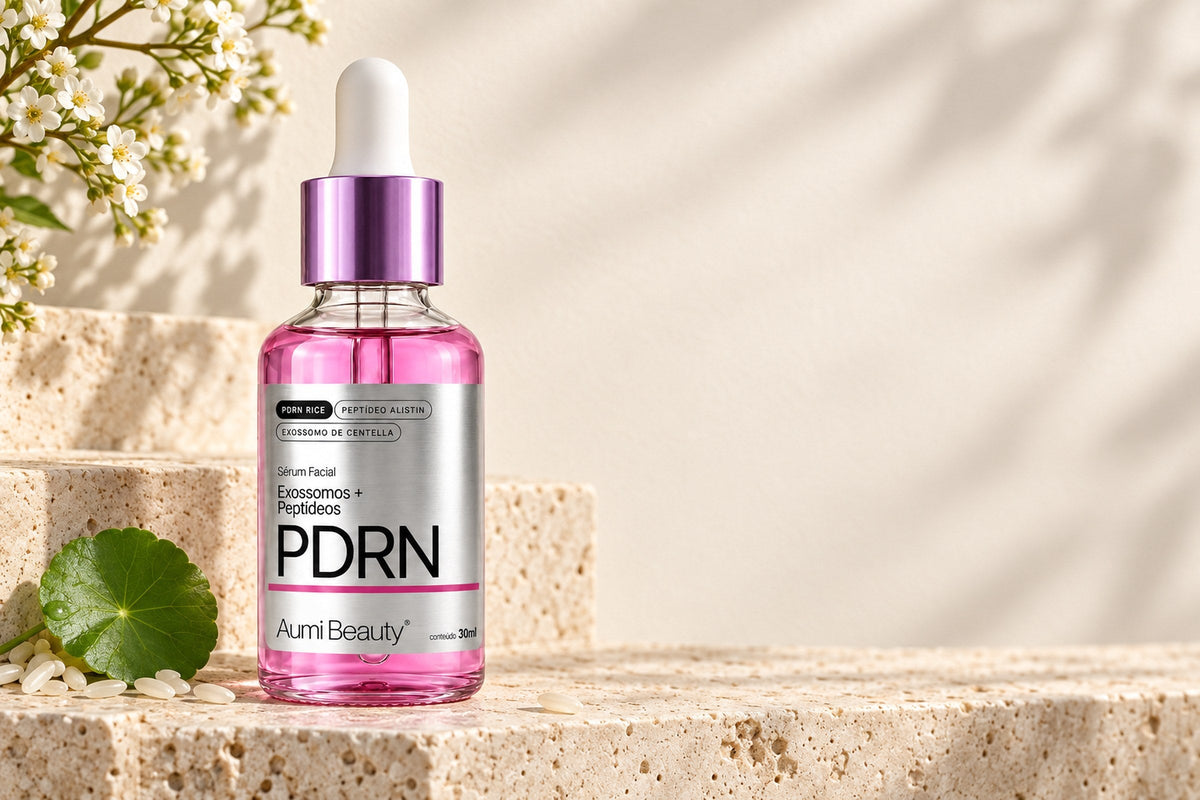 Sérum PDRN Aumi Beauty sobre travertino com grãos de arroz e folha de centella