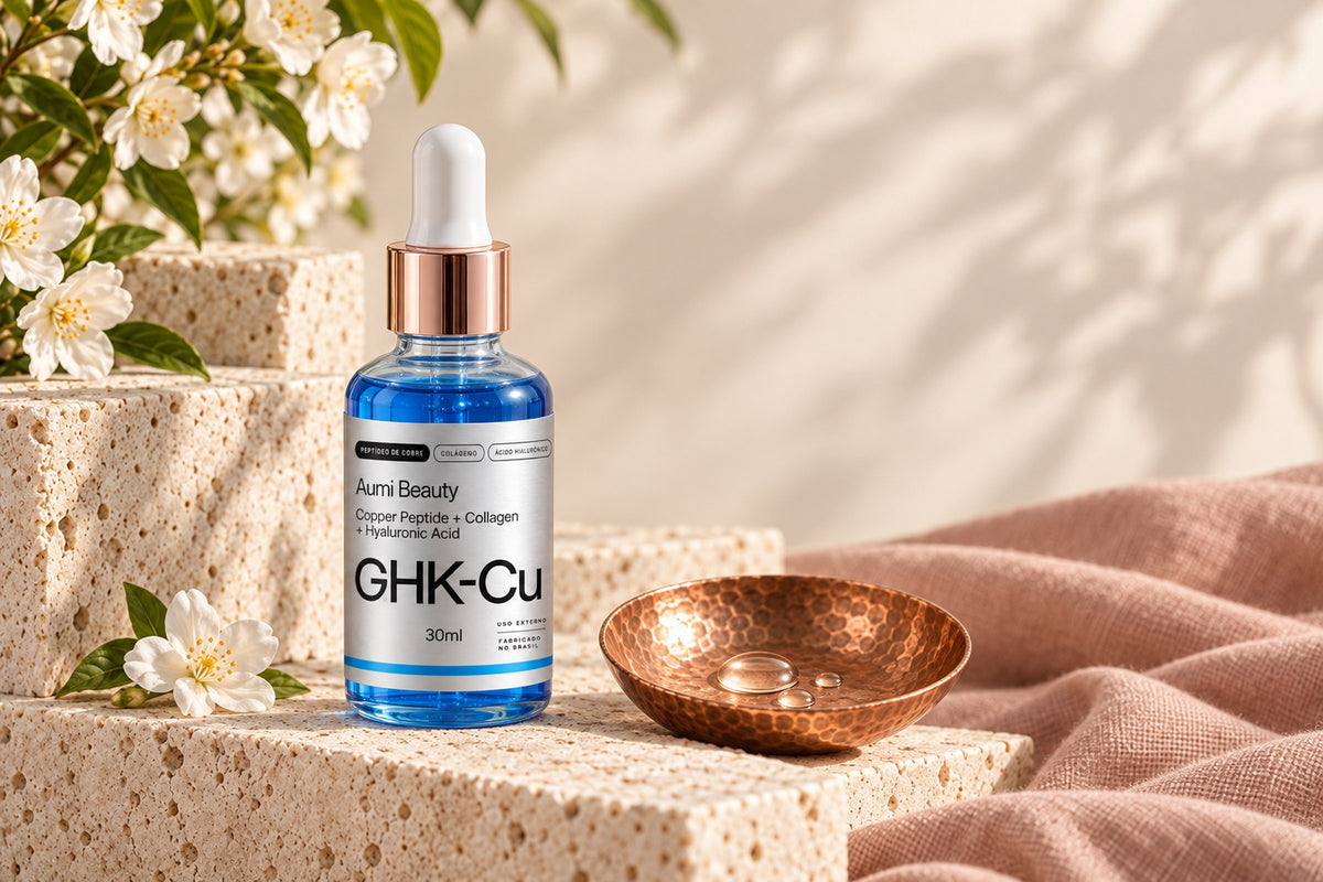 Sérum GHK-Cu Aumi Beauty sobre pedra travertino com flores brancas e tigela de cobre