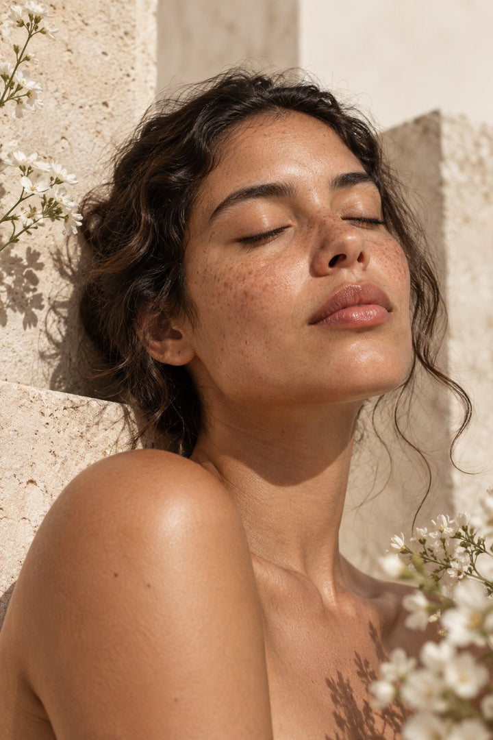 Retrato de mulher com sardas e olhos fechados sob a luz do sol