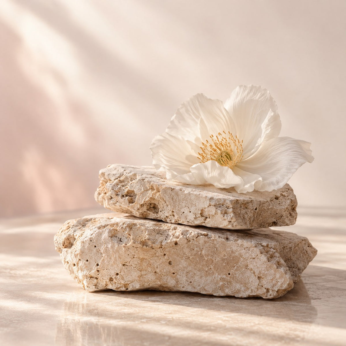 Pedras de travertino empilhadas com uma flor branca