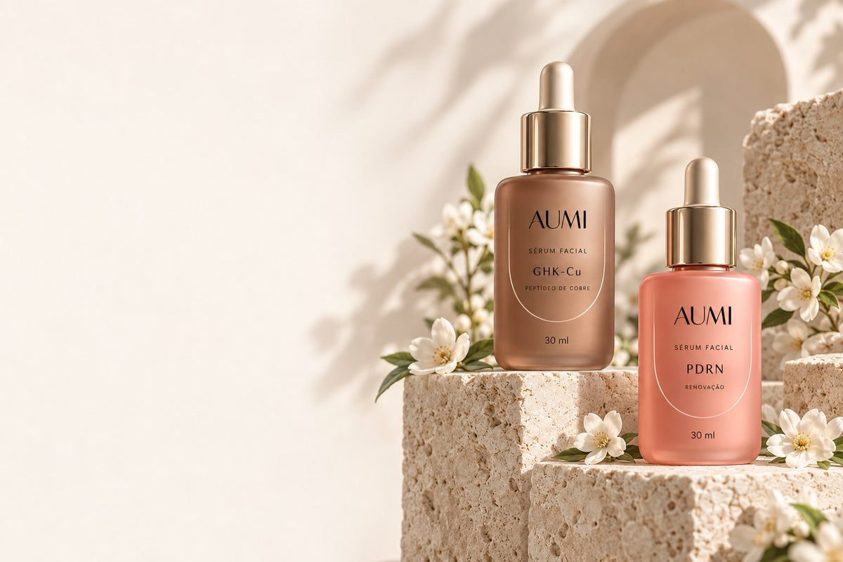 Sérum GHK-Cu e Sérum PDRN AUMI sobre blocos de travertino com flores brancas