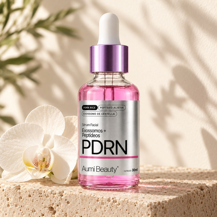 Frasco do Sérum PDRN sobre pedra com flor de laranjeira