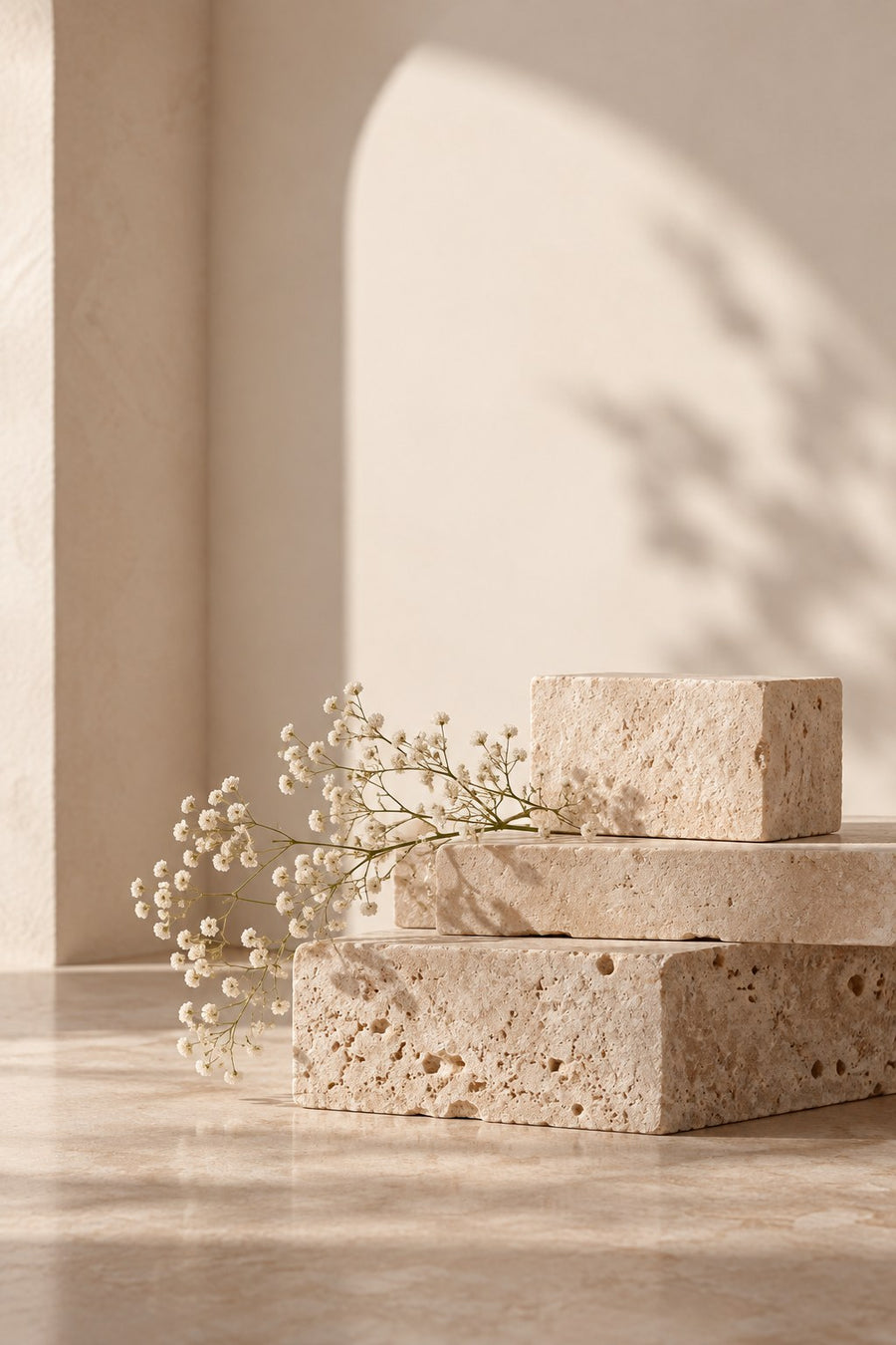 Pedras de travertino empilhadas com flores brancas e sombra em arco