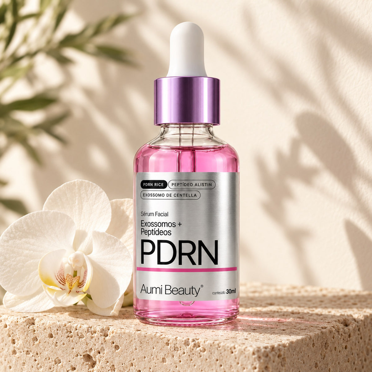 Sérum PDRN Aumi Beauty sobre pedra travertino com orquídea branca