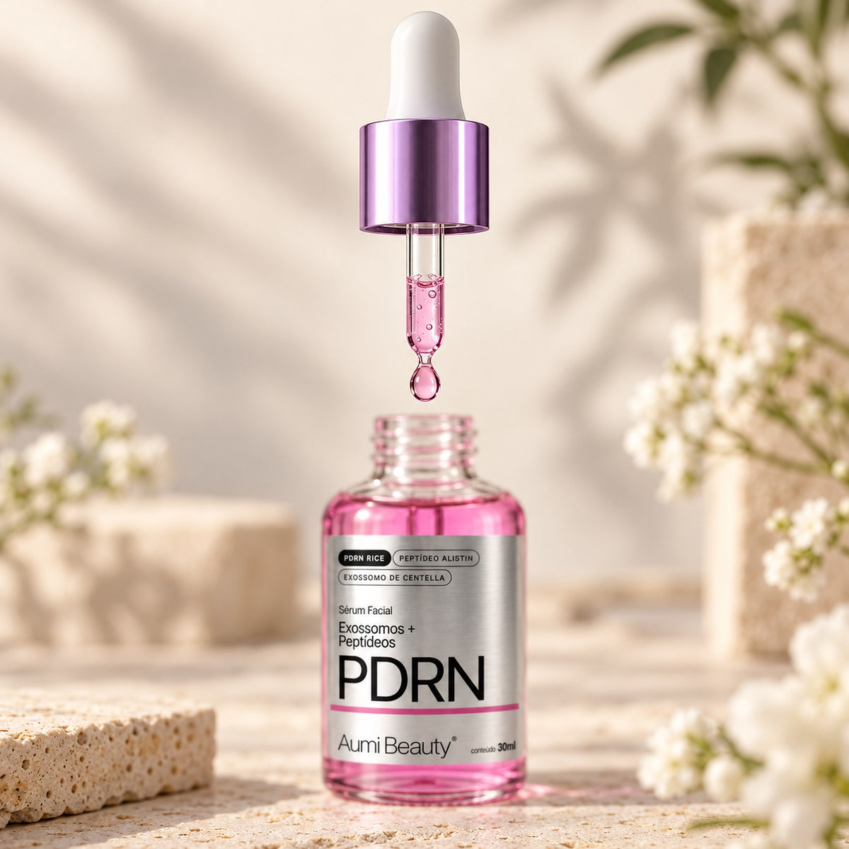Conta-gotas do Sérum PDRN soltando uma gota de sérum rosa sobre o frasco