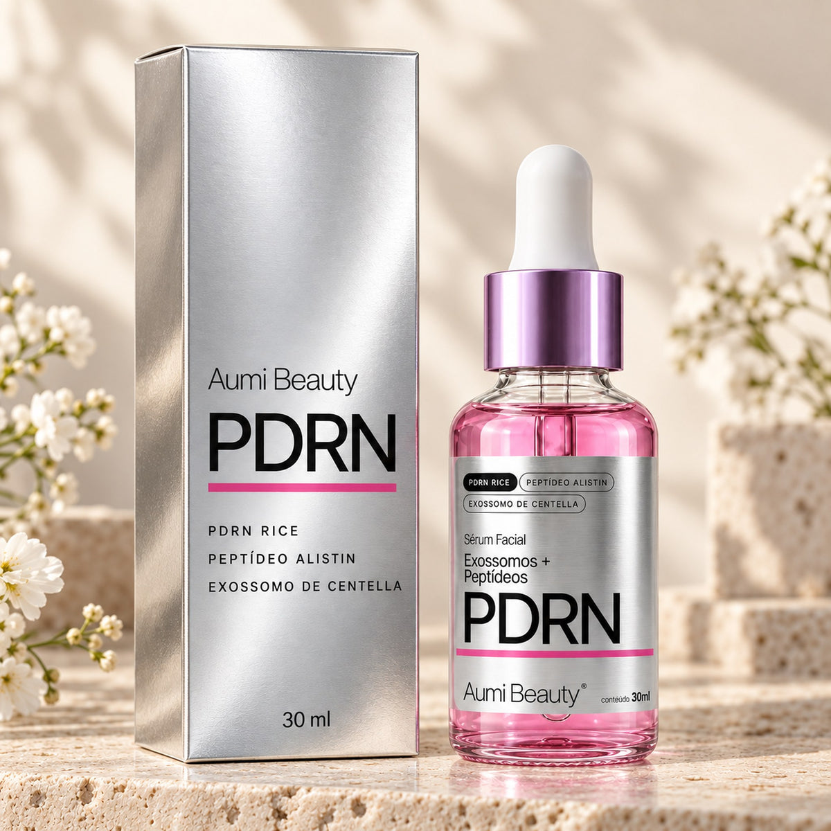 Sérum PDRN Aumi Beauty ao lado do cartucho prata de 30 ml